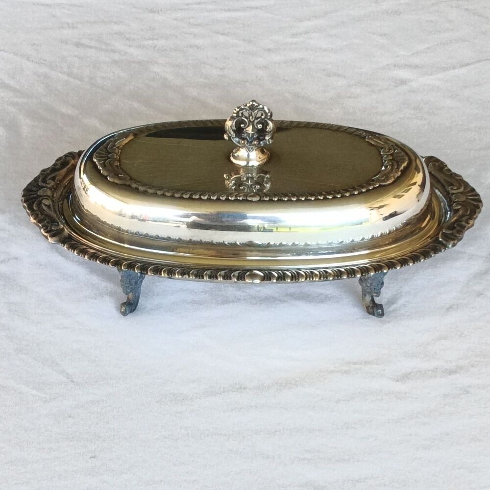 Vtg Sheridan Silver Plate Ornate Footed Covered Butter Dish